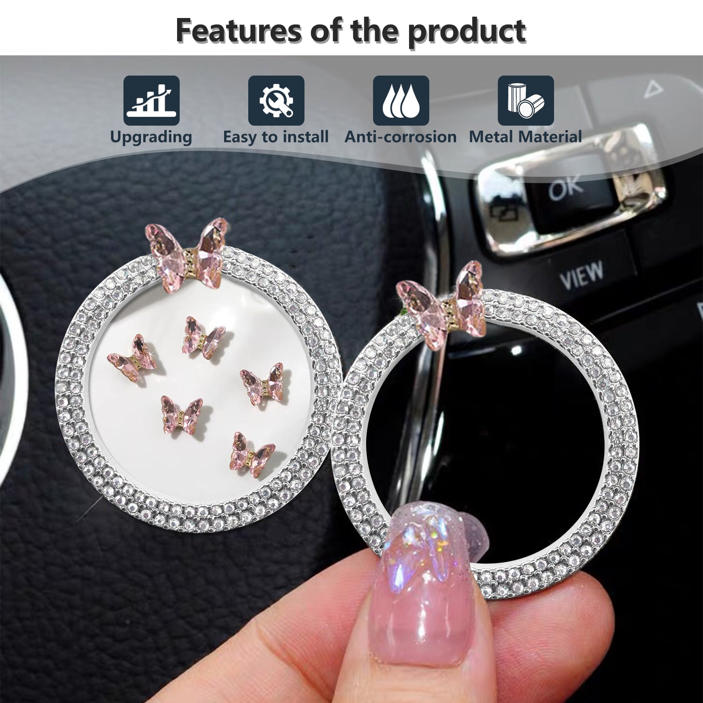 Pink Butterfly Car Bling Ring Emblem - Car Accessories for Wowen