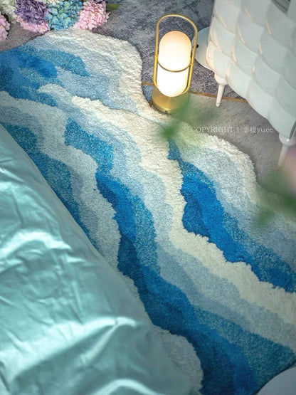 Blue Ocean Wave Rug - Nordic Abstract Area Rug - Modern Bedroom Rug - Sea Waves Art Rug