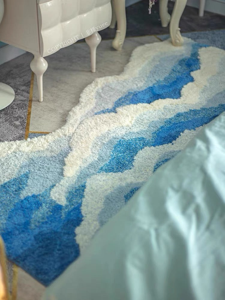 Blue Ocean Wave Rug - Nordic Abstract Area Rug - Modern Bedroom Rug - Sea Waves Art Rug